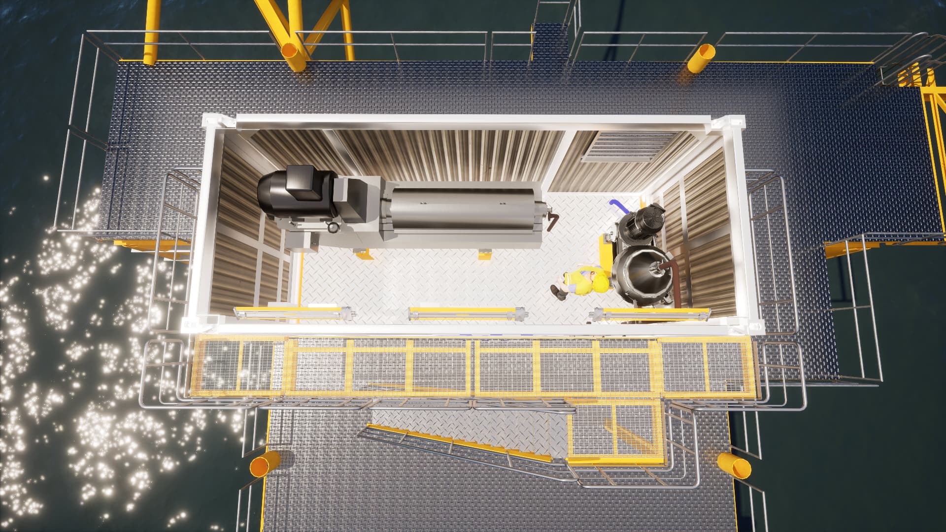 Top-down layout of the upper container with walkways