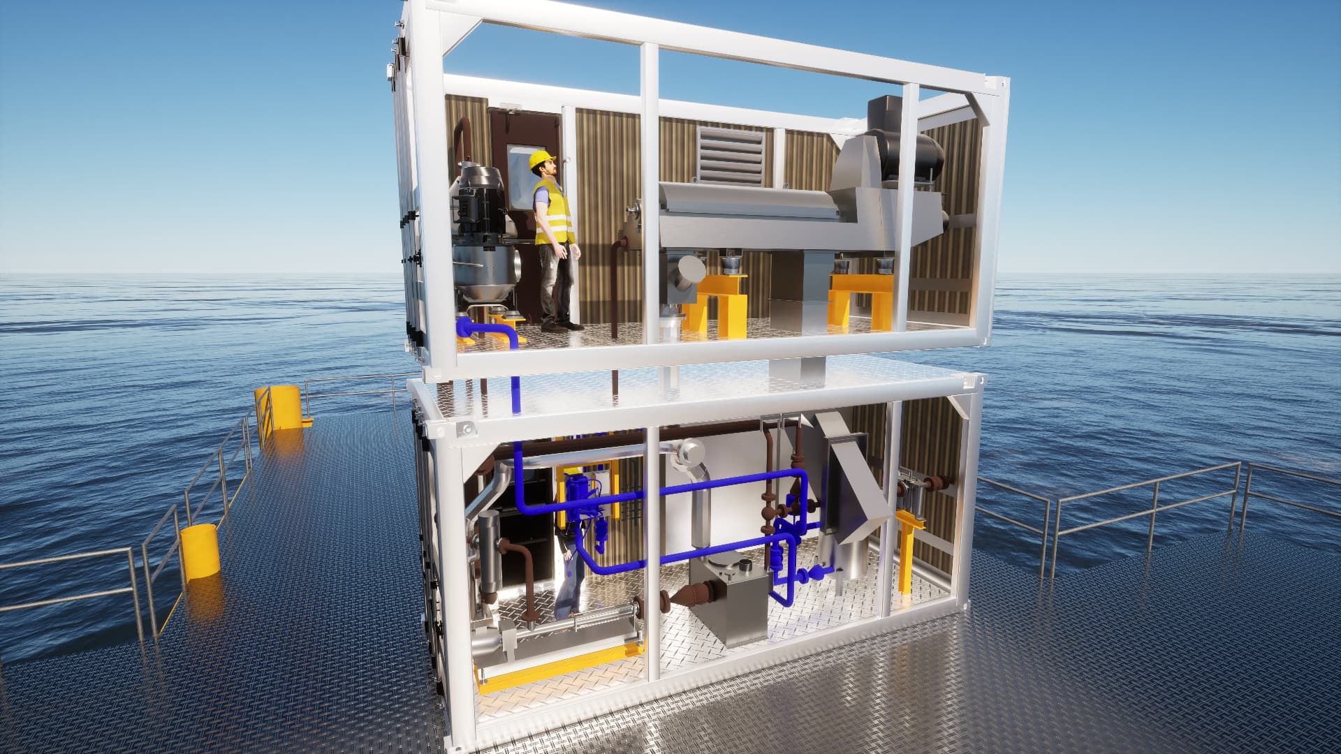 Two stacked SafeOver containers on an offshore deck, cutaway overview